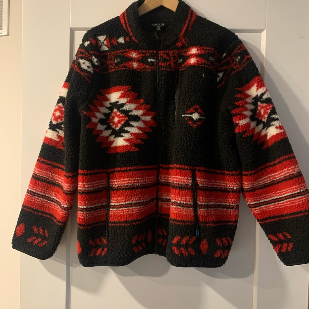 New Lauren Ralph Lauren Red and Black Faux Jacquard Shearling Jacket - Size 2X